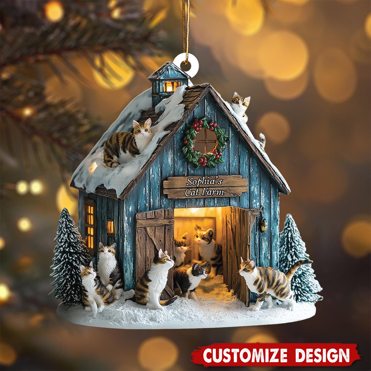Personalized Cat Farm Ornament with Barn and Cats, Custom Christmas Decor for Cat Lovers, Pet Holiday Gift, Farmer Ornament