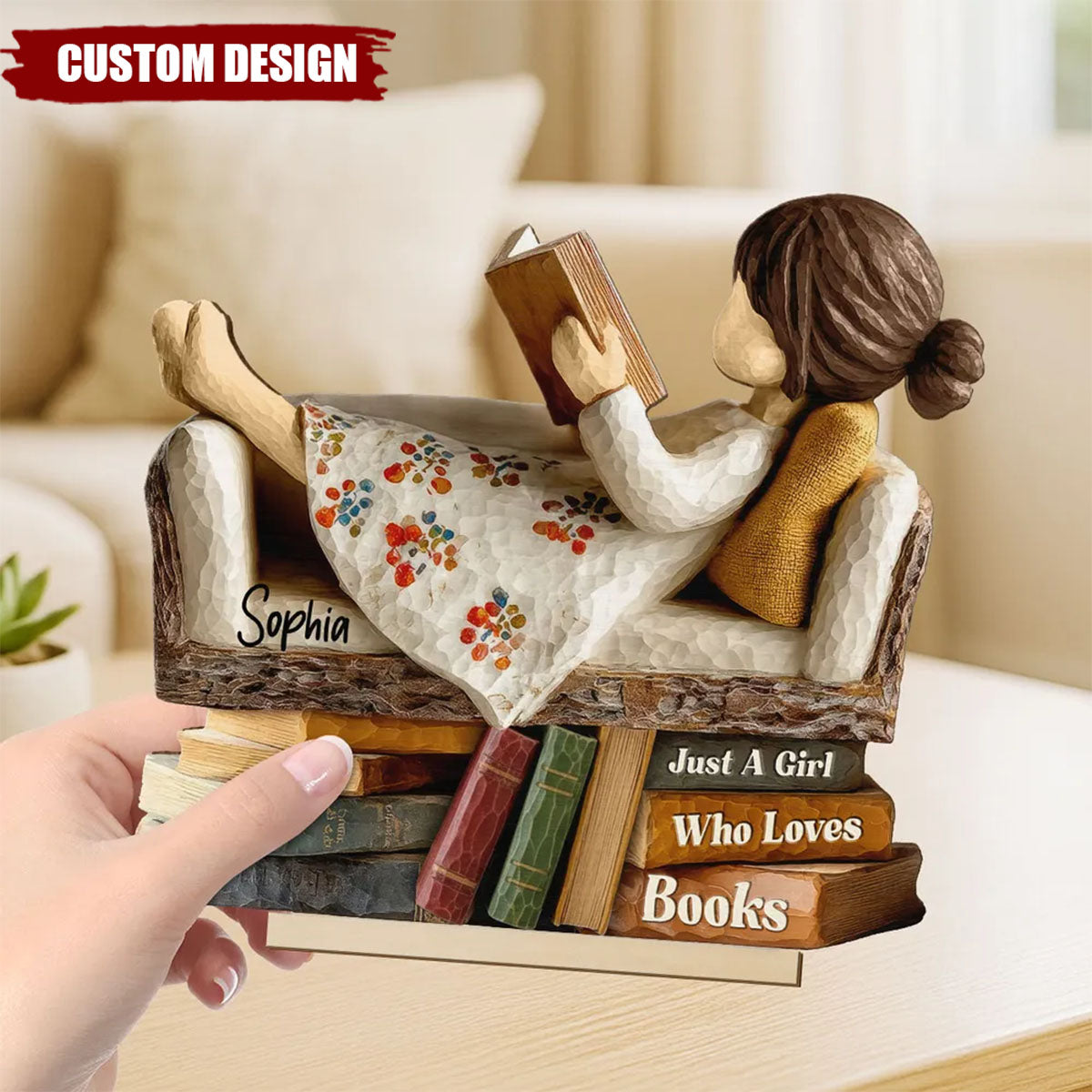 Personalized Man Woman Book Lover Reading Book On Sofa Wooden Plaque