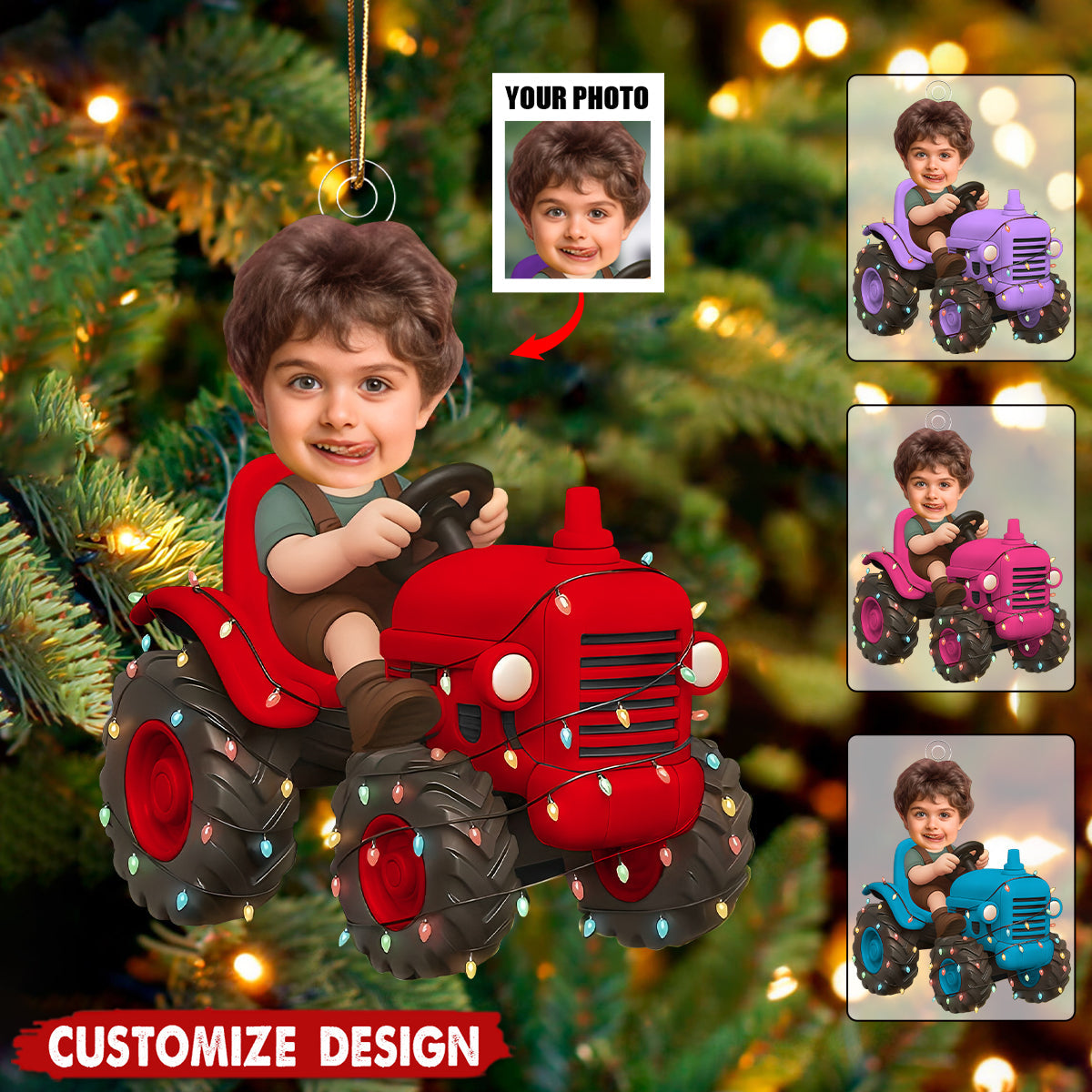 Personalized Tractor Christmas Ornament – Custom Photo Acrylic Ornament for Kids, Farm Truck Holiday Gift, Cute Boy Christmas Decor