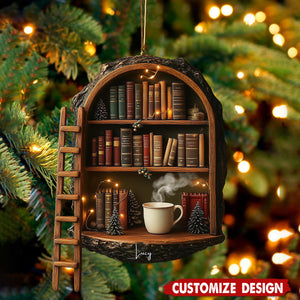 Personalized Handmade Wooden Book Nook Christmas Ornament, Cozy Library Gift For Readers