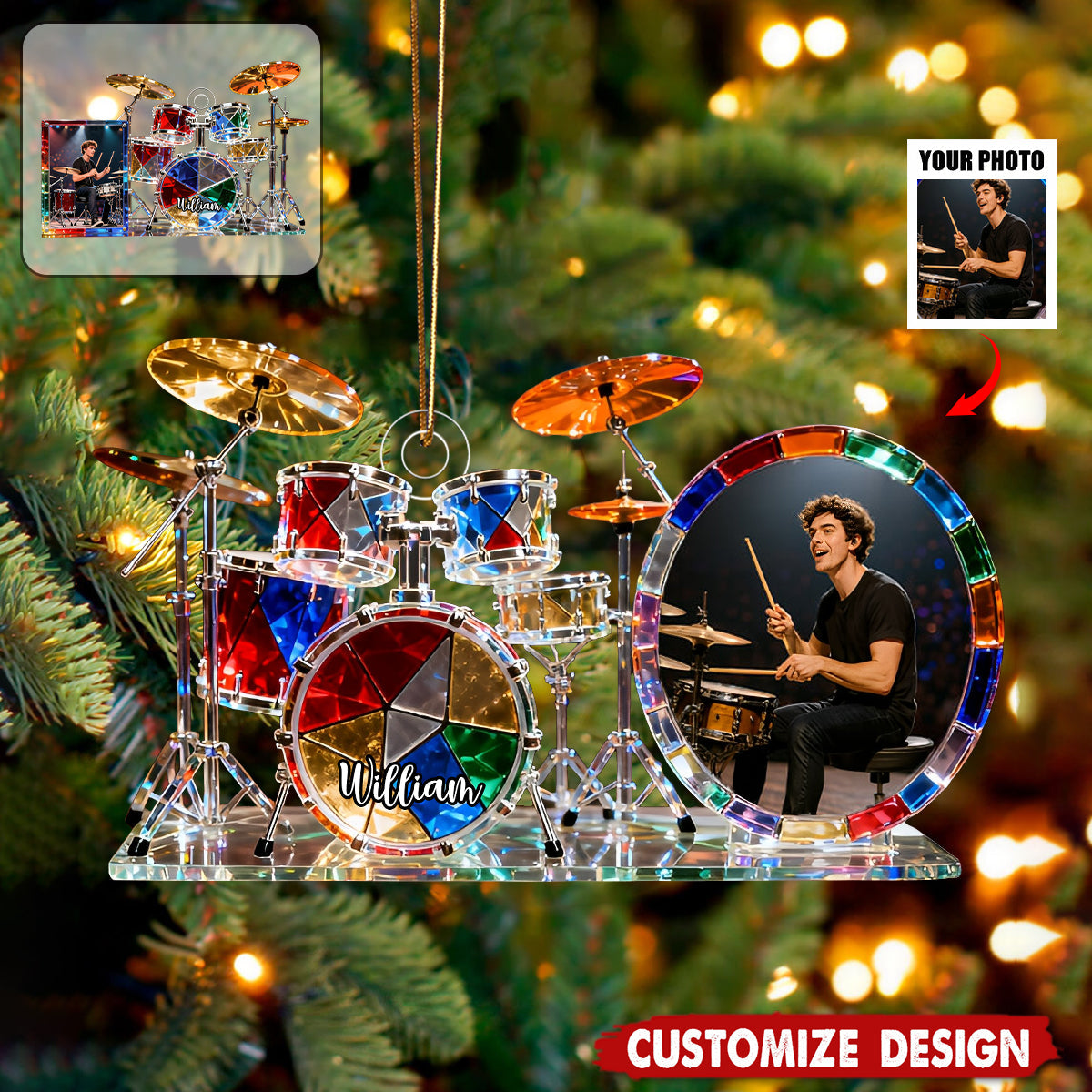 Personalized Drum set themed photo ornament
