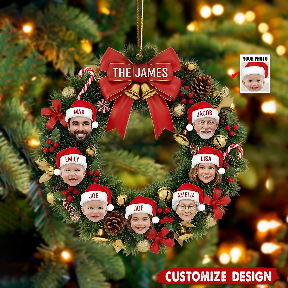 Personalized Family Wreath Photo Christmas Ornament