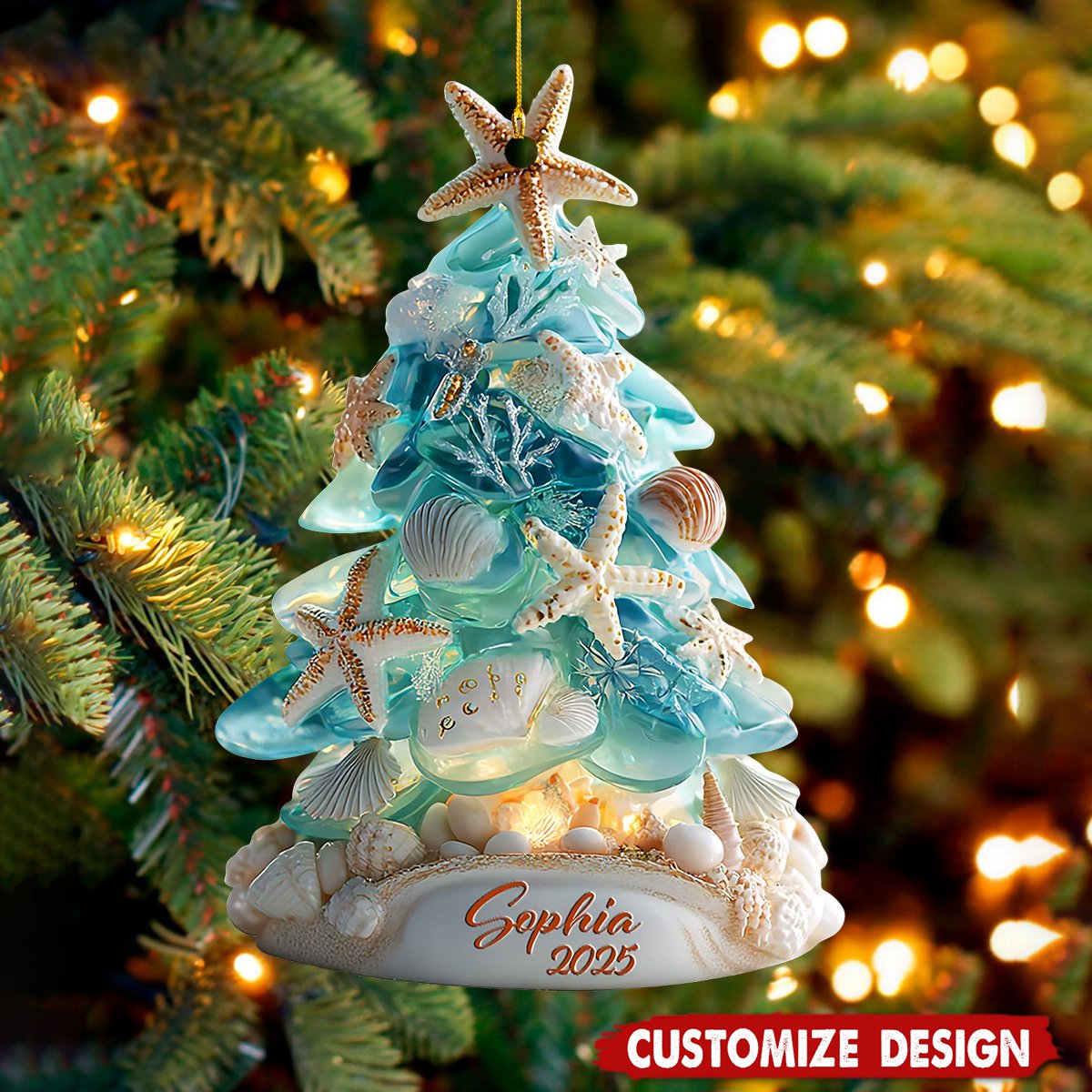 Personalized Beach Christmas Ornament, Coastal Christmas Tree With Shells