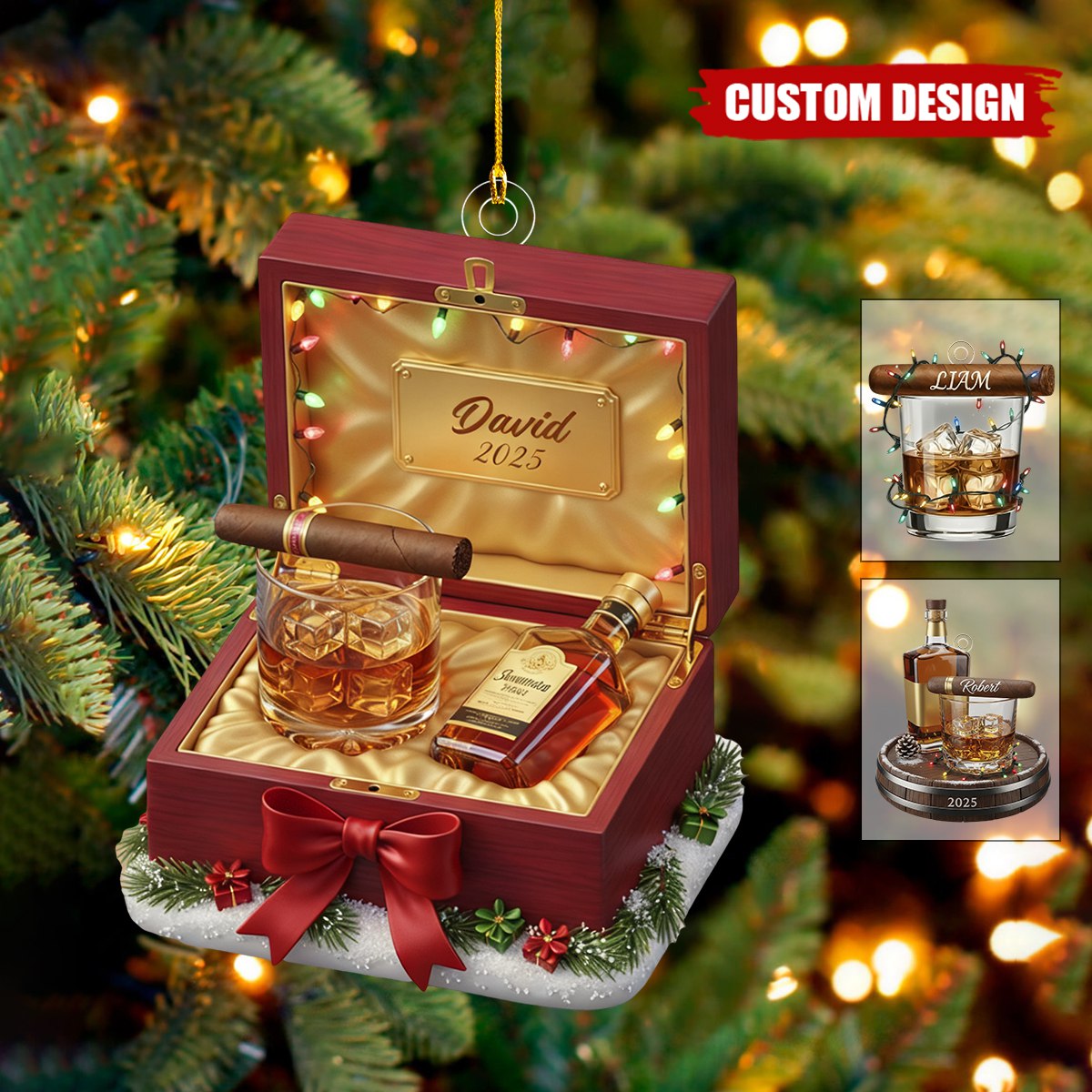 Personalized Whiskey Glass and Cigar Ornament –  Gift for Dad/Husband