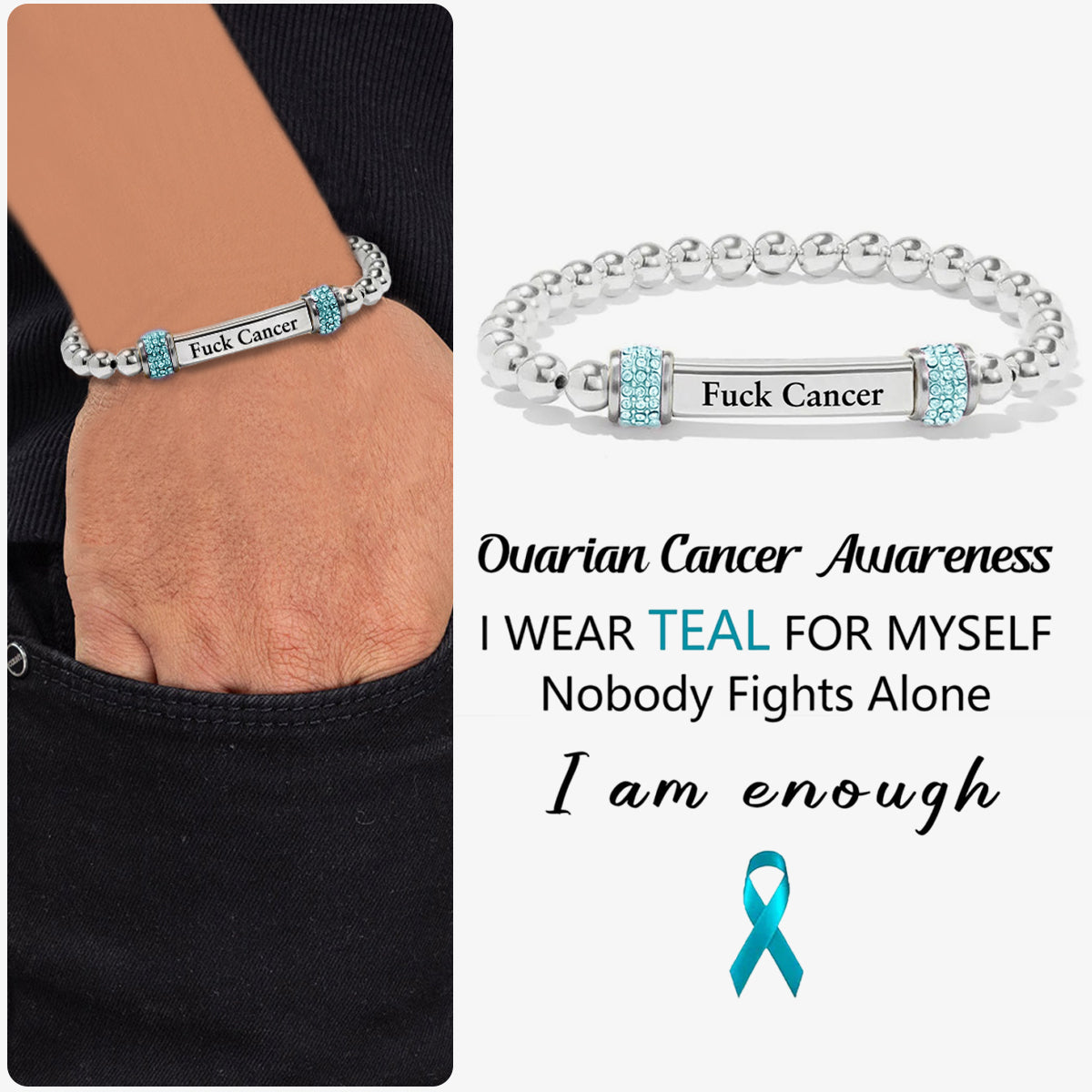 Ovarian Cancer Awareness-Teal Round Diamond Infinity Bracelet