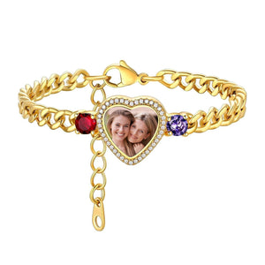Personalized Heart Photo 2 Birthstones Bracelet - Gift For Mom Wife Grandma