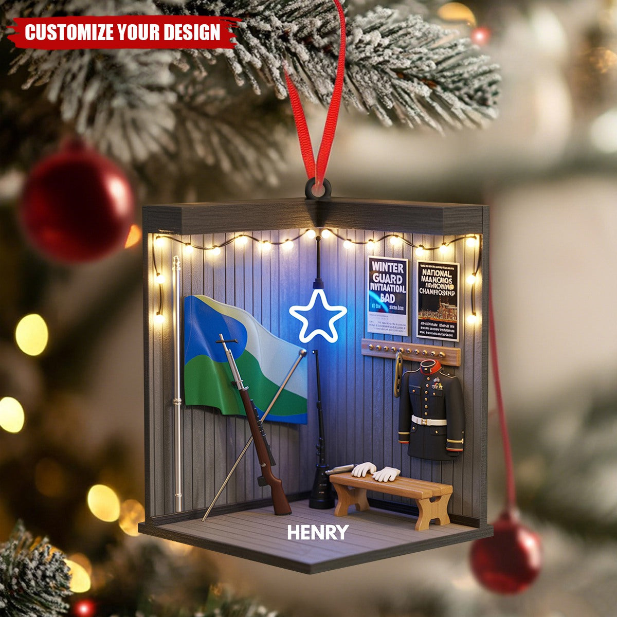 Military Christmas Ornament-Patriotic Soldier Uniform, Flag & Rifle-Personalized Patriotic Christmas Tree Acrylic Ornament