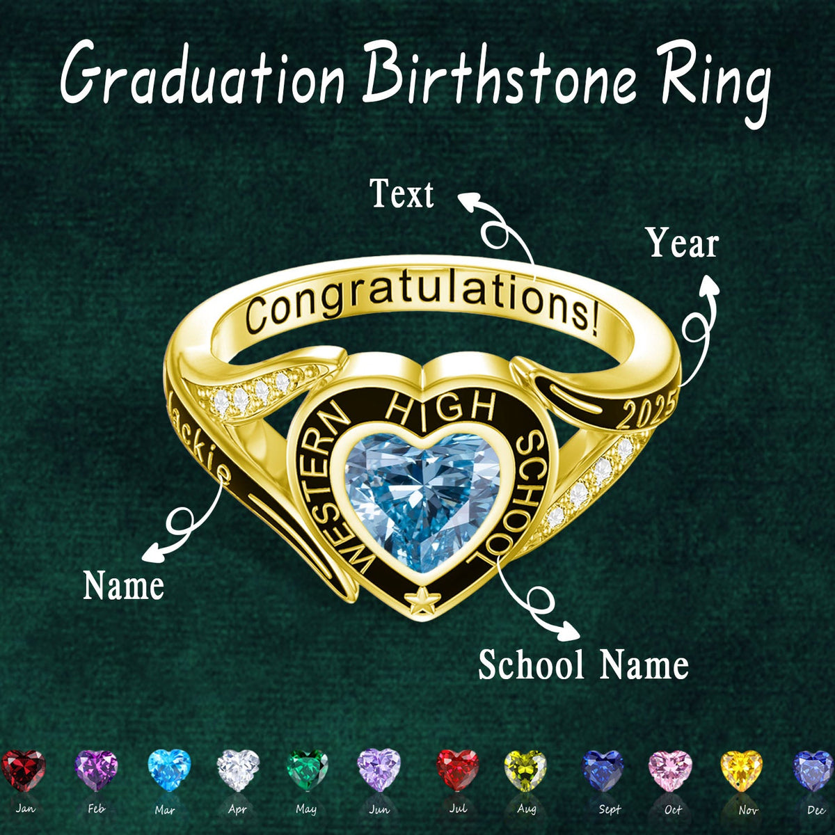 Personalized Engraved Graduation Heart Birthstone Ring, Graduation Gift