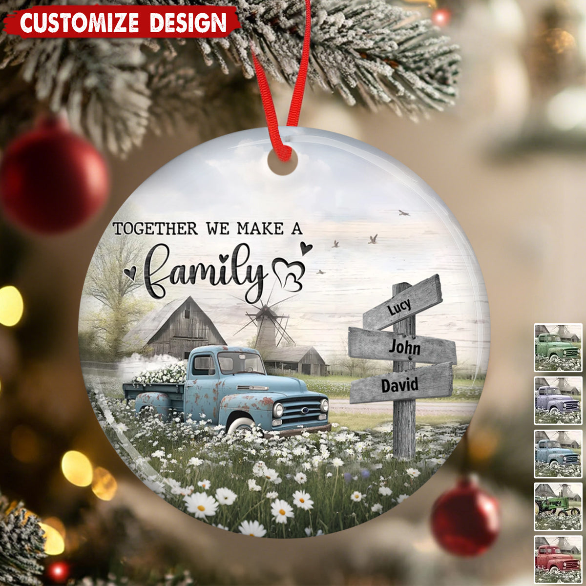 Personalized Farmhouse Family Truck Christmas Ceramic Ornament - Gift For Family