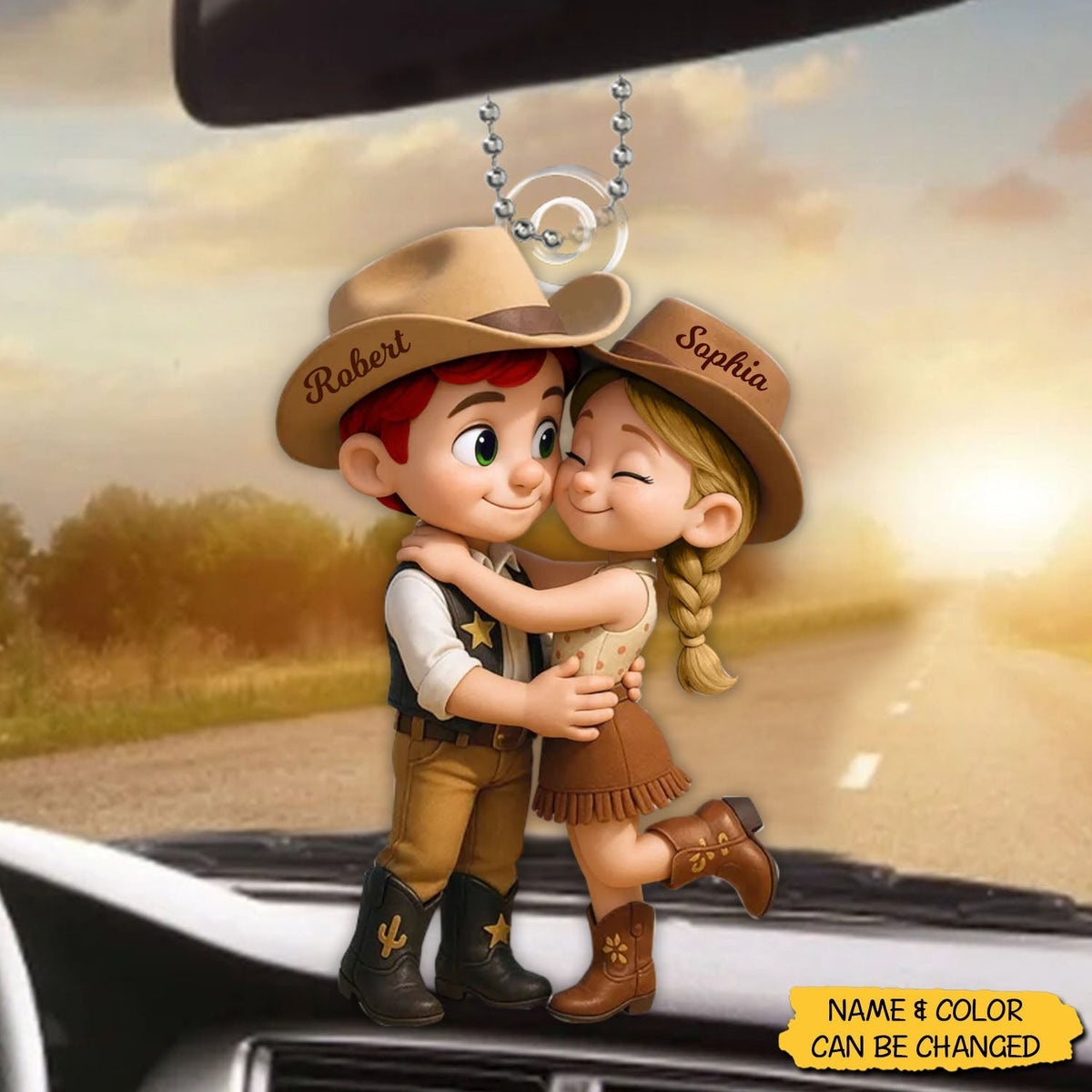 Cartoon Style Countryside Couple Cowboy Cowgirl Personalized Car Ornament