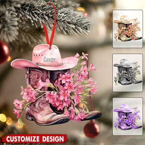 Personalized Boots And Hat With Flower Cowgirl / Cowboy Christmas Ornament
