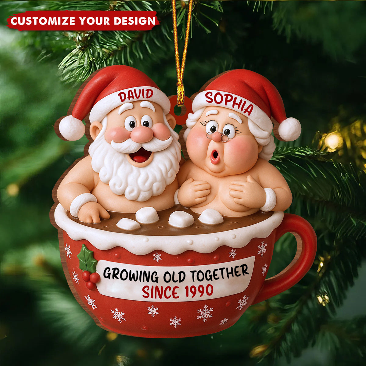 Growing Old Together Santa Claus In Hot Chocolate Cup Personalized Couple Ornament