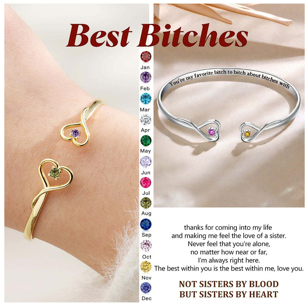 For Friend - You're My Favorite B*tch Double Hearts Custom Birthstones Bracelet