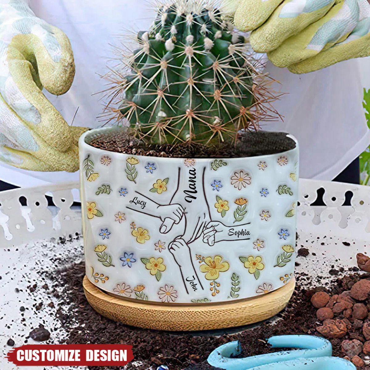 nana plant pot Floral Mom/Nana Hands Together- Personalized Ceramic Plant Pot
