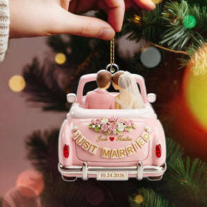Personalized Just Married 2D Flat 2 Layer Ornament, Couple Newlywed Gift