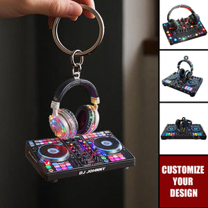 DJ Mixer with Headphones Keychain, Custom Name Music Console Keychain, Gift For DJs, Music Producers