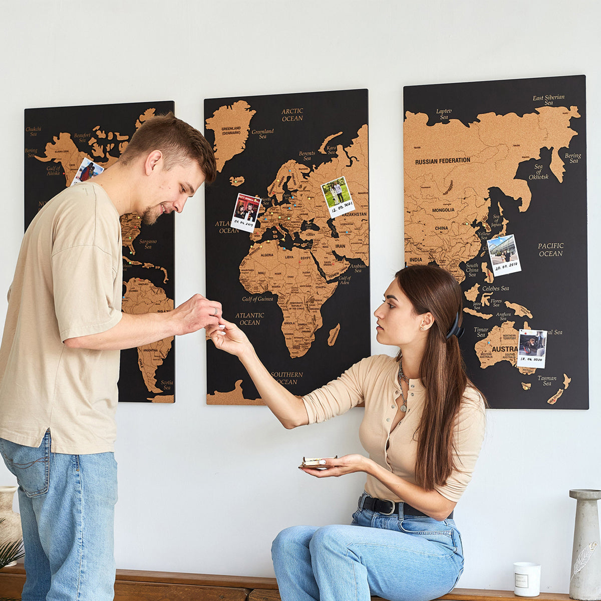 World Map Wall Art Push Pin Map, Cork Board Wooden Travel Map Wall Decor