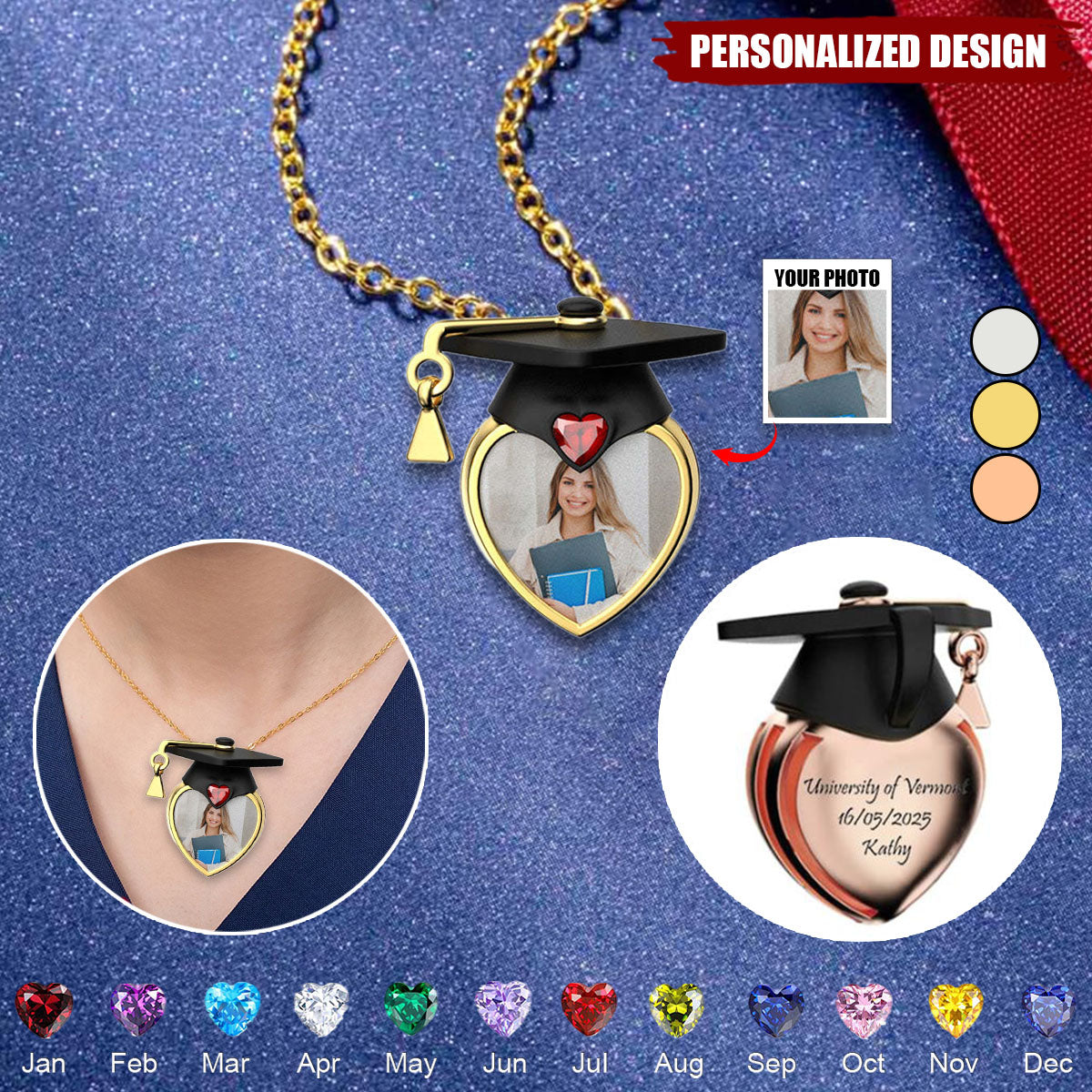 Personalized Dainty Grad Cap Zircon Heart Birthstone Necklace-Graduation Gift
