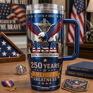 Faith Family & Freedom 40oz Tumbler With Handle - Personalized Gifts For Patriots