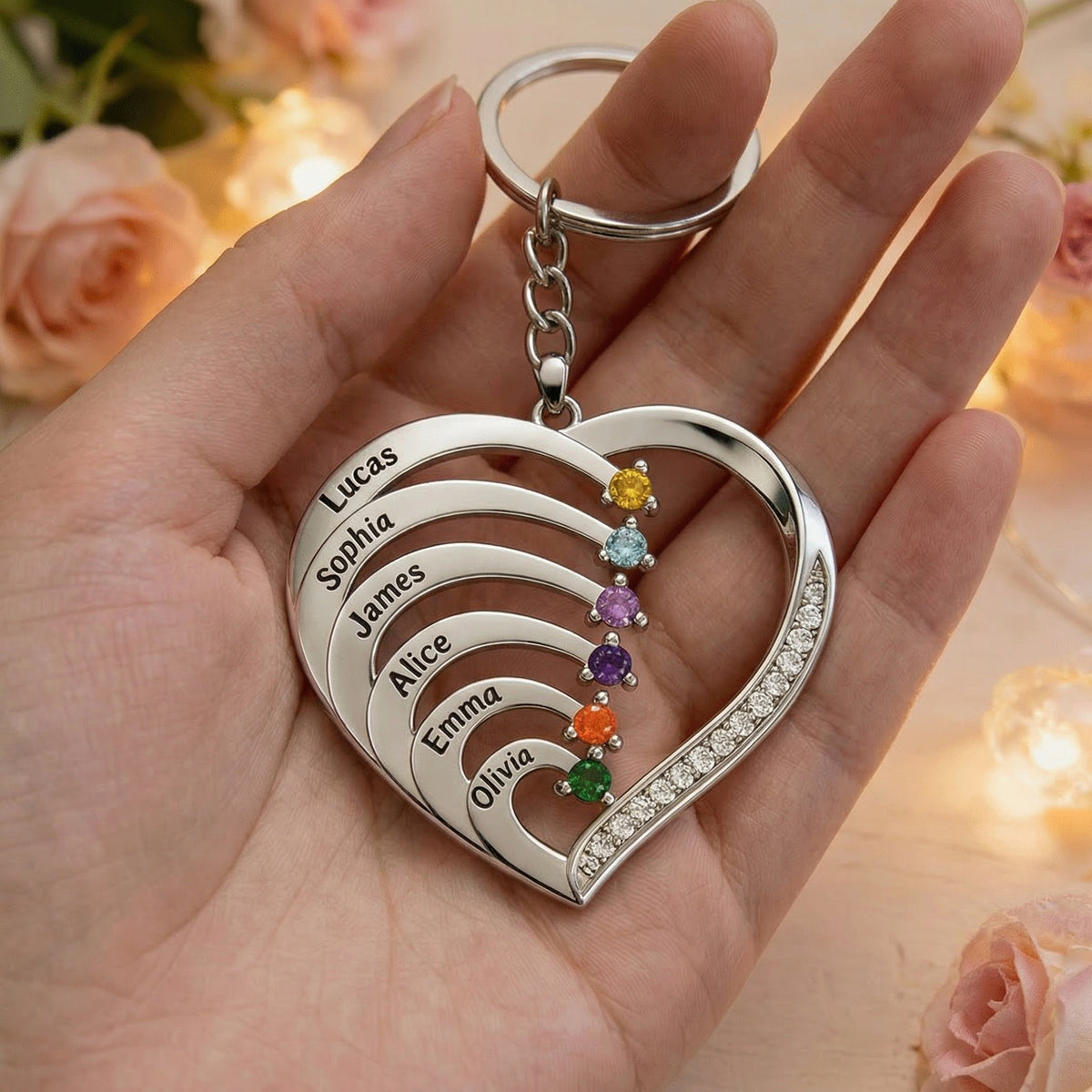 Personalized Family Heart Birthstone Keychain-Gift For Mom Grandma