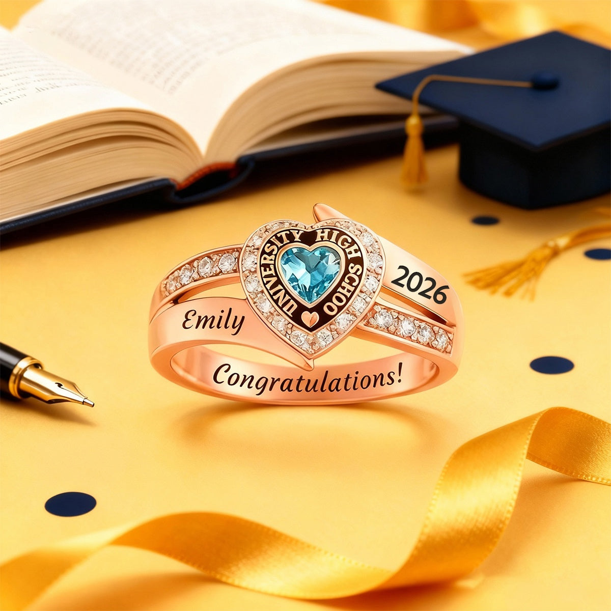 Personalized Engraved Heart Birthstone Graduation Ring Gift for Graduates