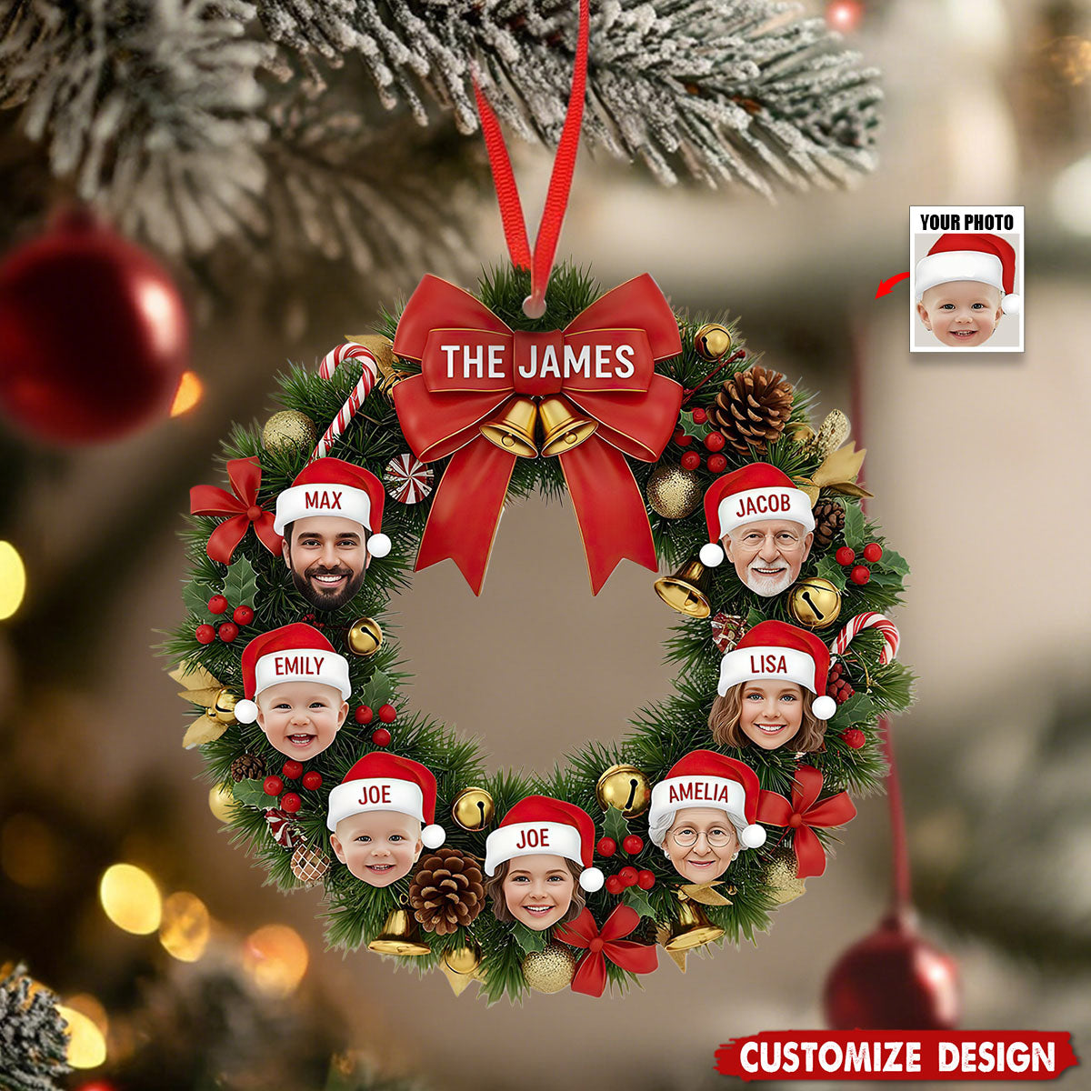 Personalized Family Wreath Photo Christmas Ornament