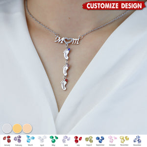 Mother's Necklace With Small Custom Name & Birthstone Baby Foot Charms