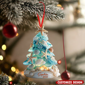 Personalized Beach Christmas Ornament, Coastal Christmas Tree With Shells