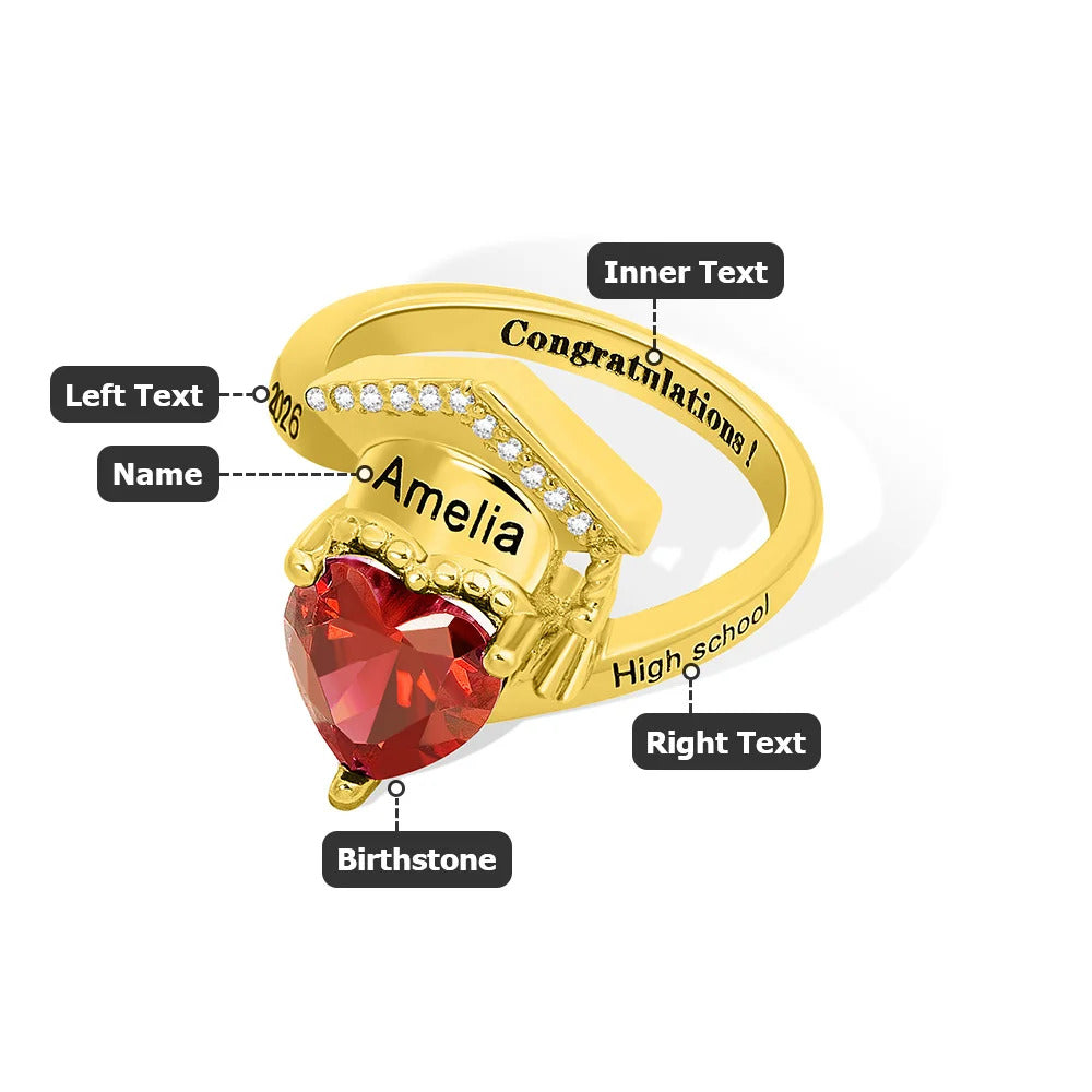 Personalized Zircon Grad Cap Heart Birthstone Ring - Dainty Jewelry Birthday Graduation Gift for Women Graduates