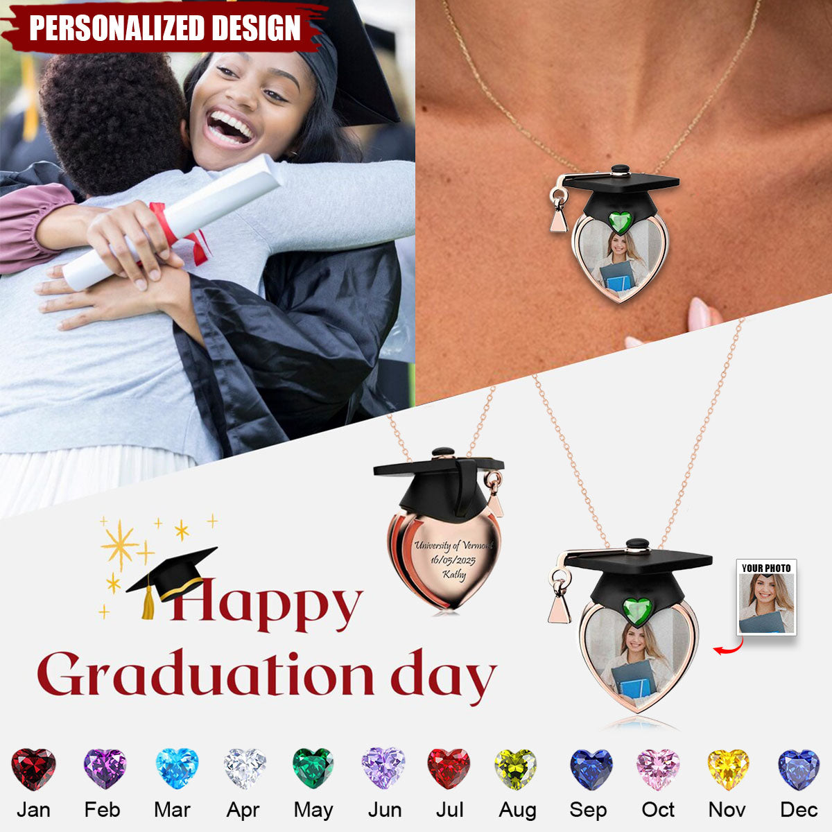 Personalized Dainty Grad Cap Zircon Heart Birthstone Necklace-Graduation Gift