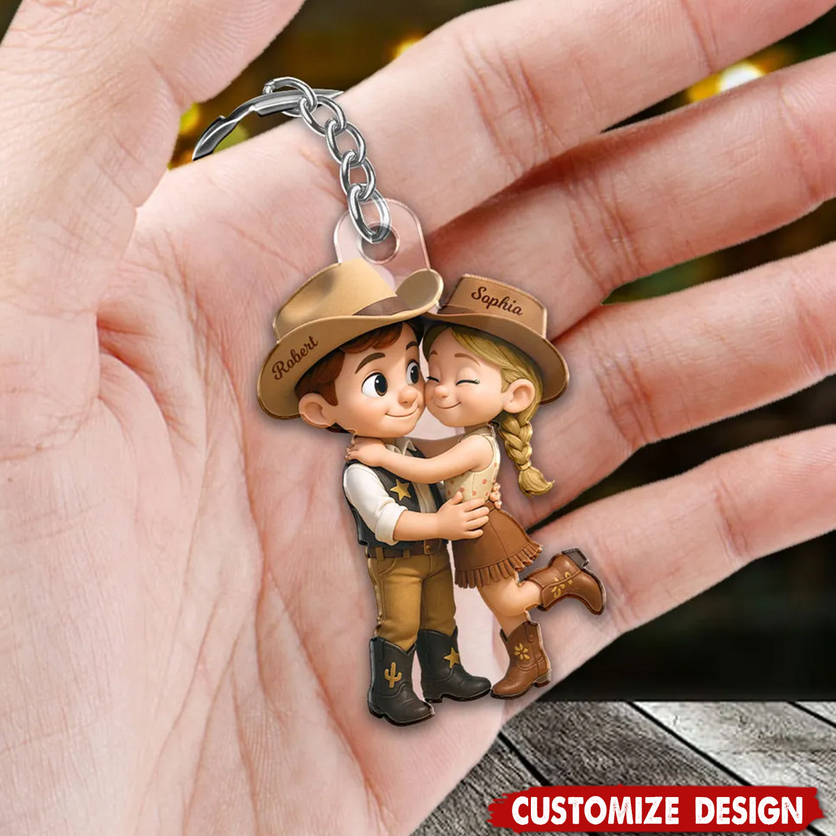 Cartoon Style Countryside Couple Cowboy Cowgirl Personalized Keychain