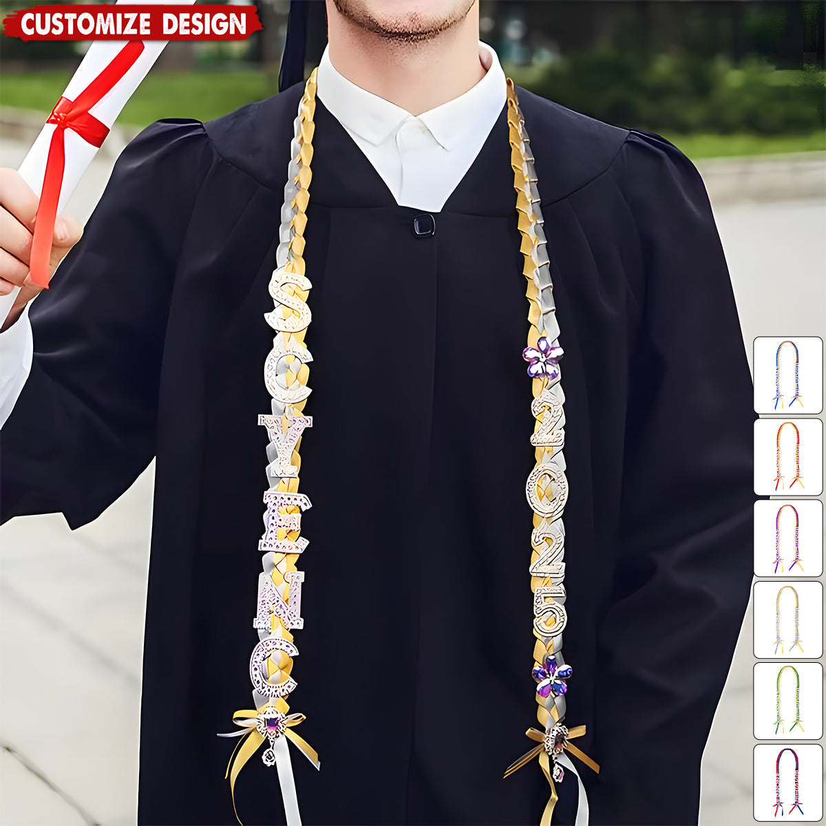 Personalized Bling Flower Rhinestone Pearl Letter Two-Colored Ribbon Braided Lei with Name Graduation Party Decor