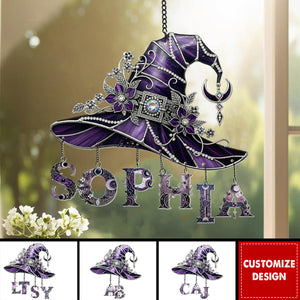 Floral With Hat - Personalized Witch Window Hanging Suncatcher With Custom Charms