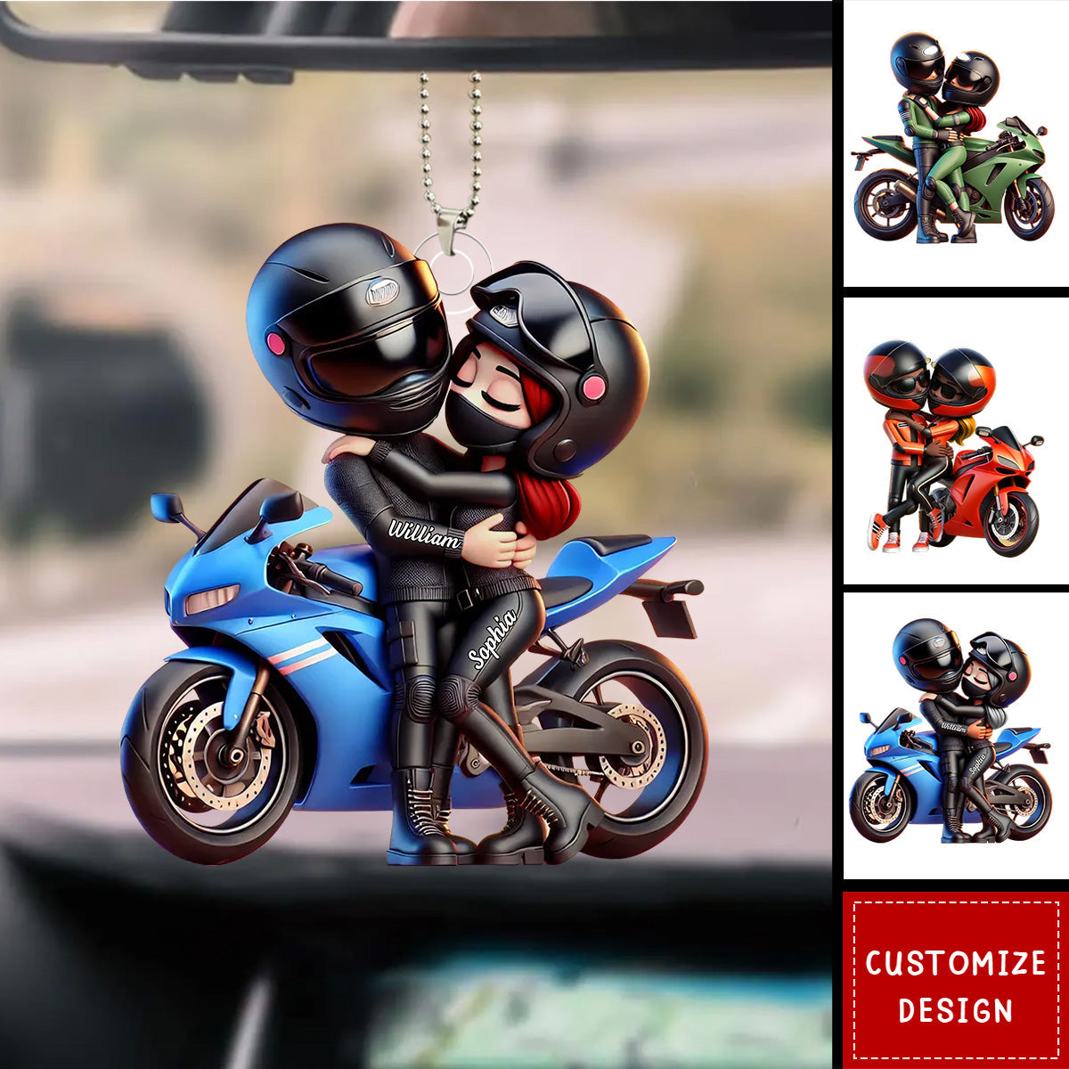 Motorcycle Pretty Cartoon Couple-Personalized Acrylic Car Ornament-Gift For Him, For Biker Couple