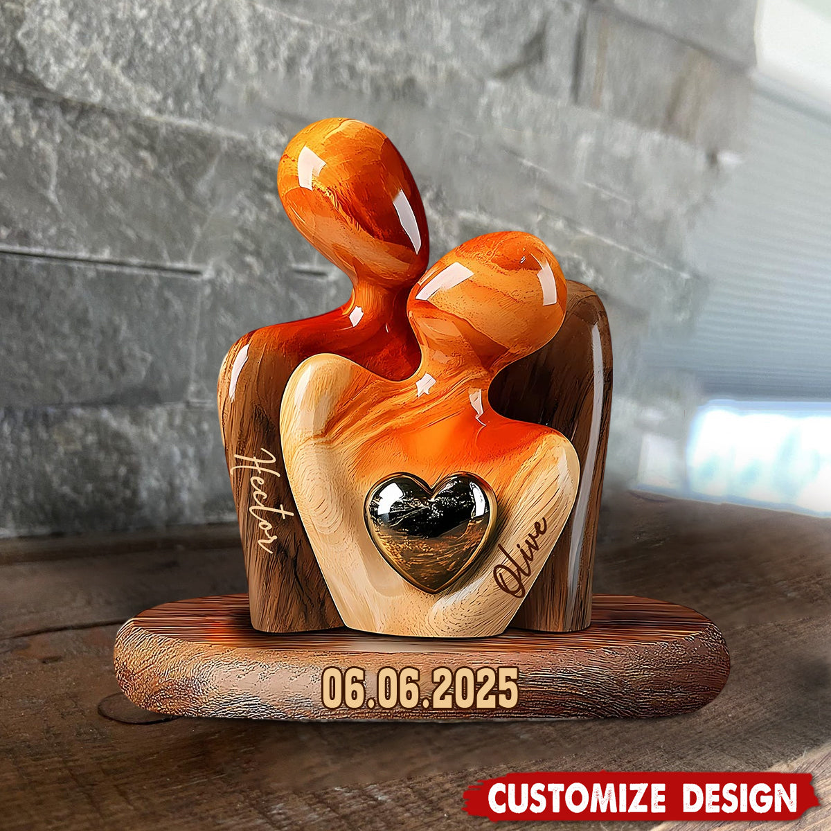 Elegant Couple Statue with Heart Inlay - Personalized Couple Wooden Plaque