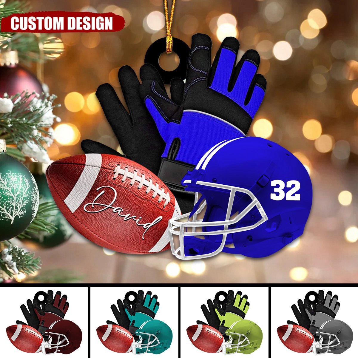 Personalized American Football Helmet With Gloves Christmas Ornament,