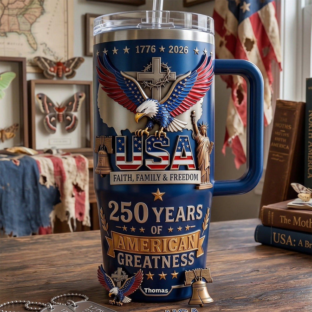Faith Family & Freedom 40oz Tumbler With Handle - Personalized Gifts For Patriots