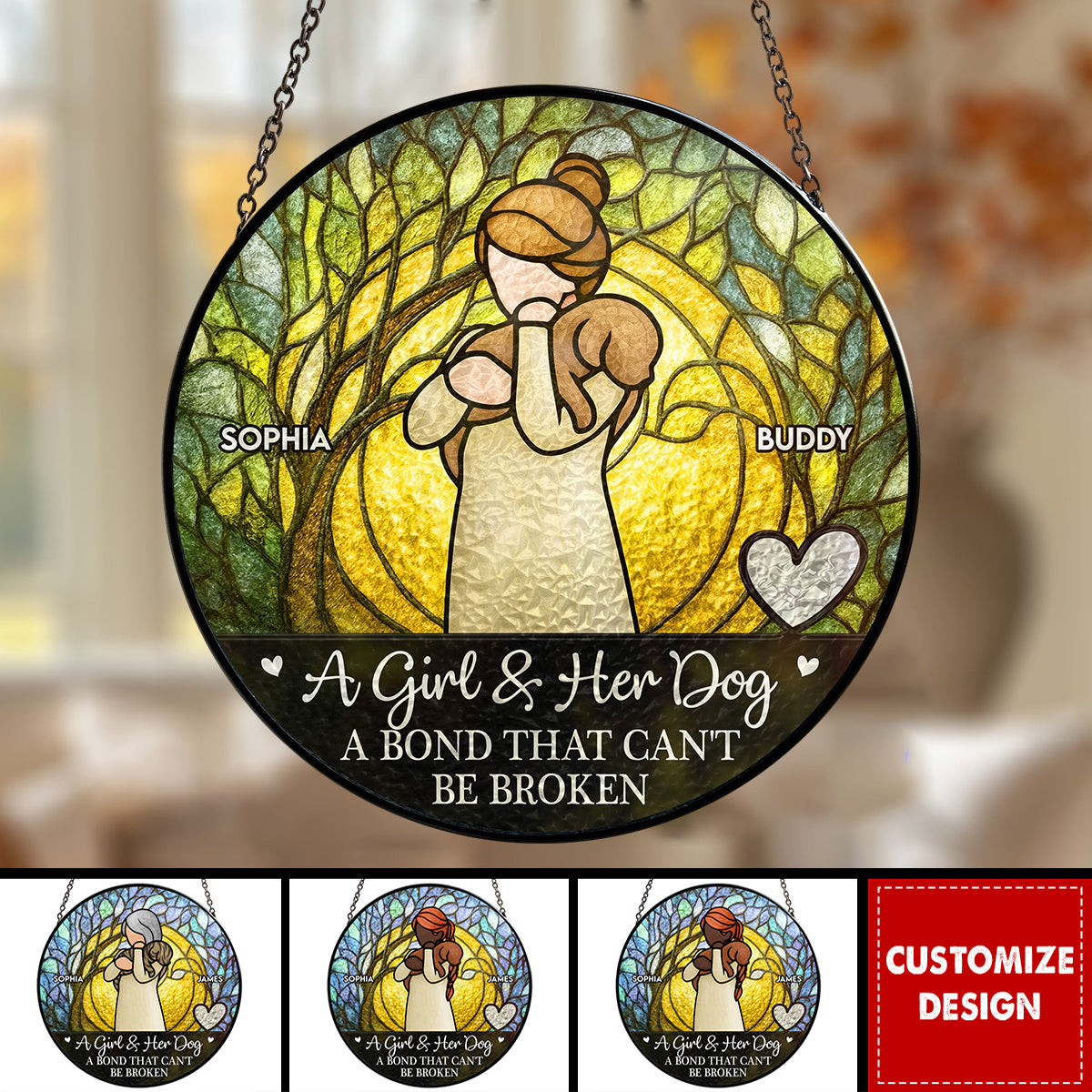 Girl & Dog A Bond Can't Be Broken - Personalized Stained Glass Window Hanging Suncatcher