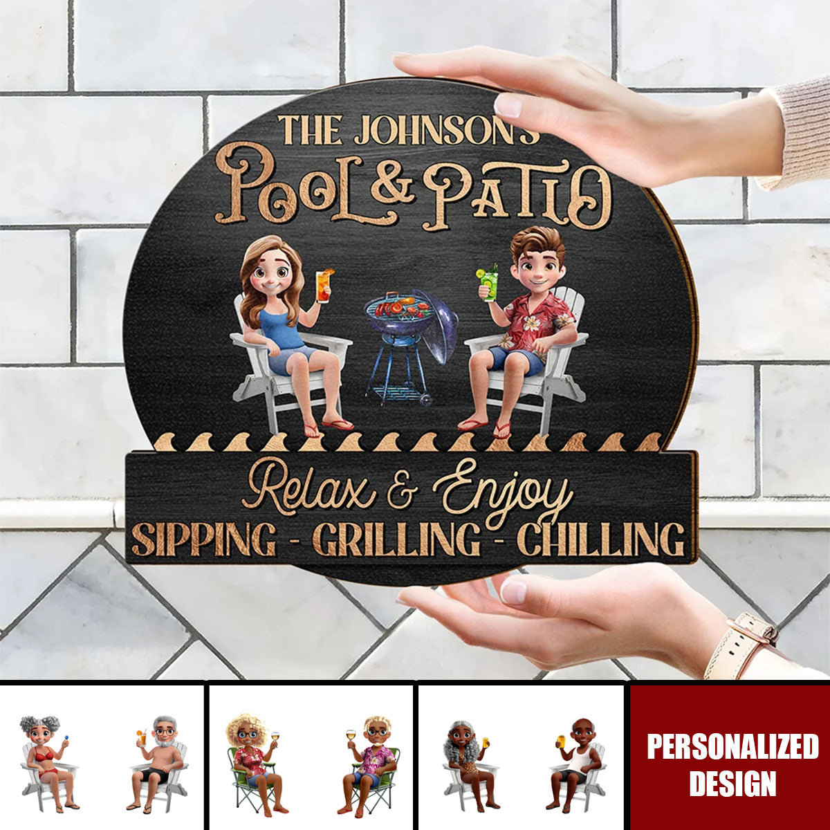Couple Poolside Paradise Relax Enjoy 3D Effect - Personalized Shaped Wood Sign