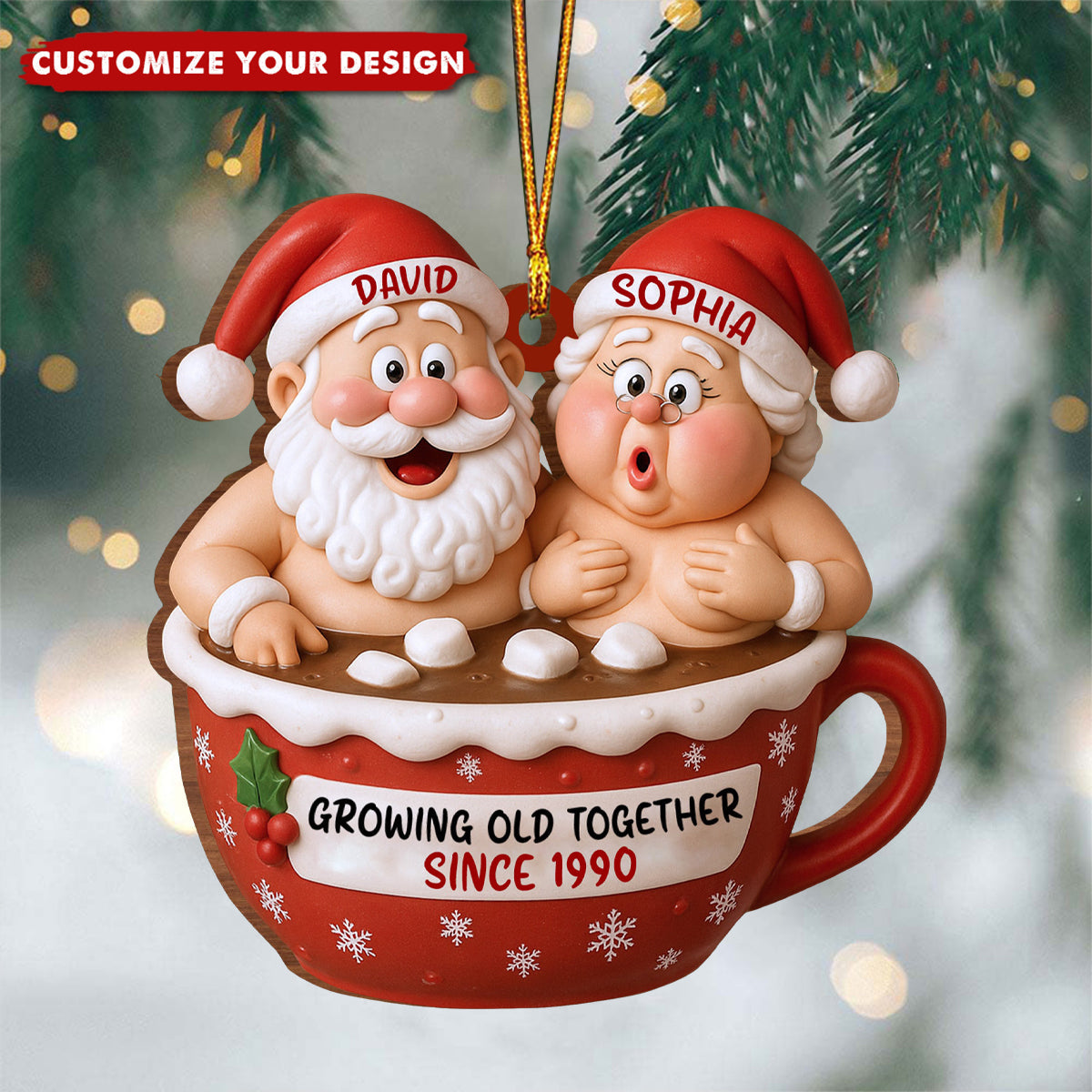 Growing Old Together Santa Claus In Hot Chocolate Cup Personalized Couple Ornament