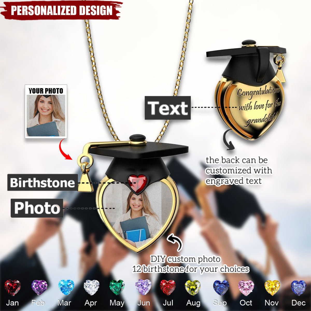 Personalized Dainty Grad Cap Zircon Heart Birthstone Necklace-Graduation Gift