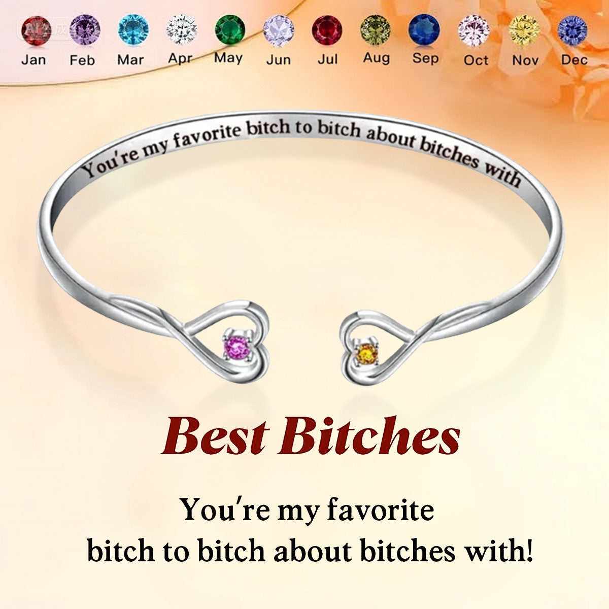 For Friend - You're My Favorite B*tch Double Hearts Custom Birthstones Bracelet