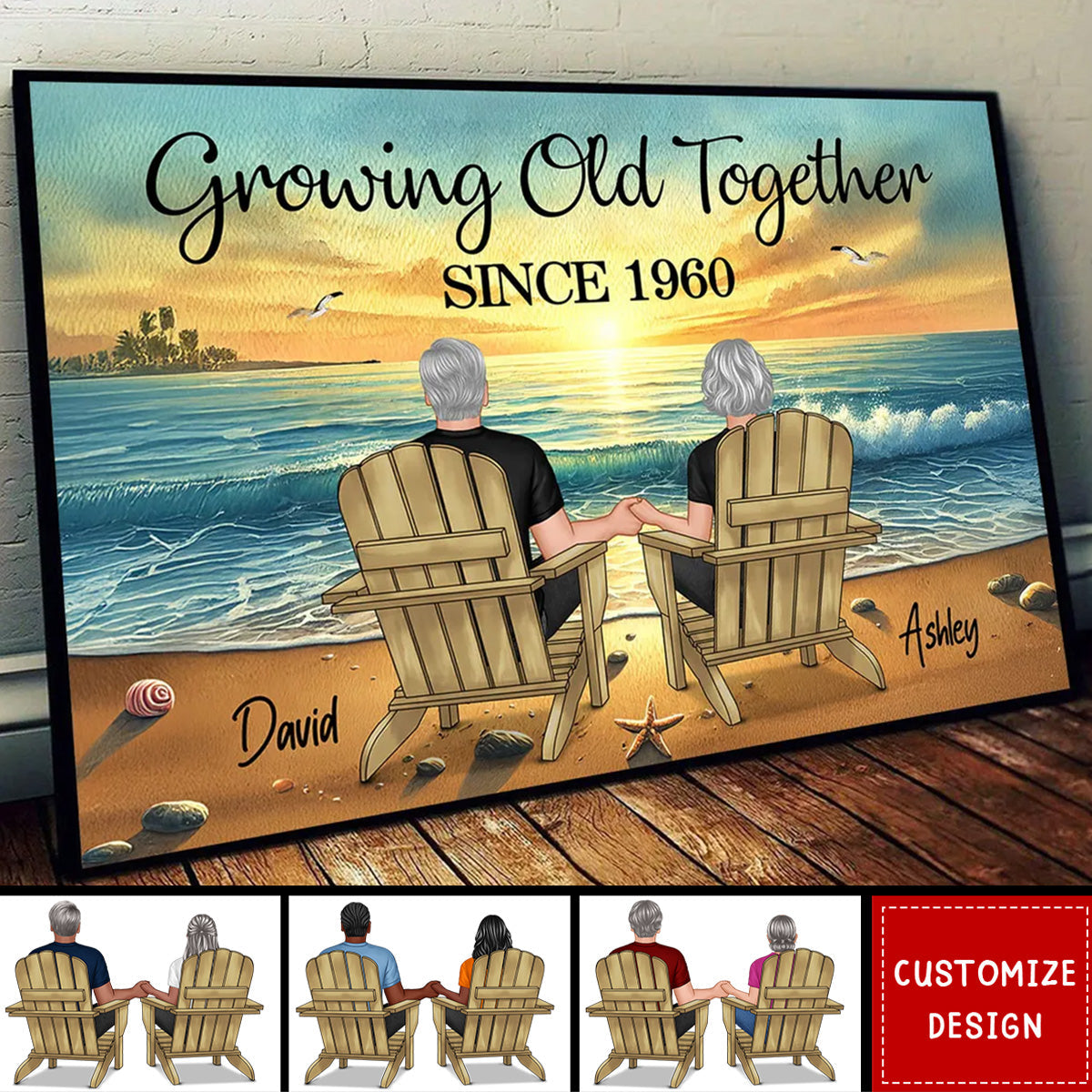 Couple Sitting Together Sunset Beach Landscape Personalized Poster-Gift For Couple