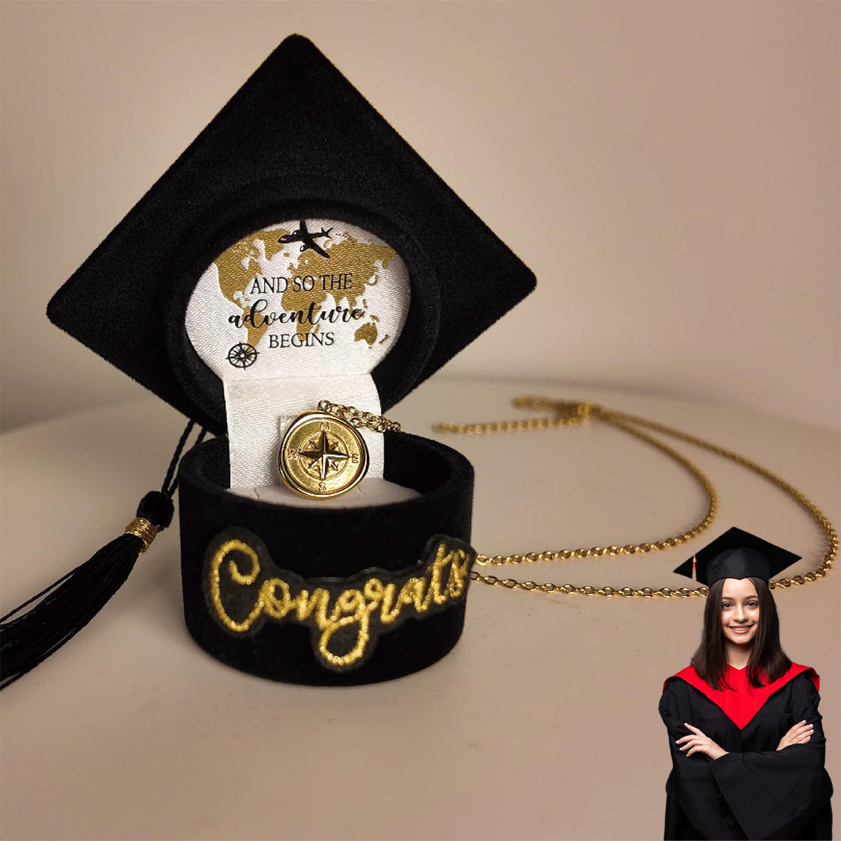 Graduation Necklace Compass 18K Gold Plated With Gift Box