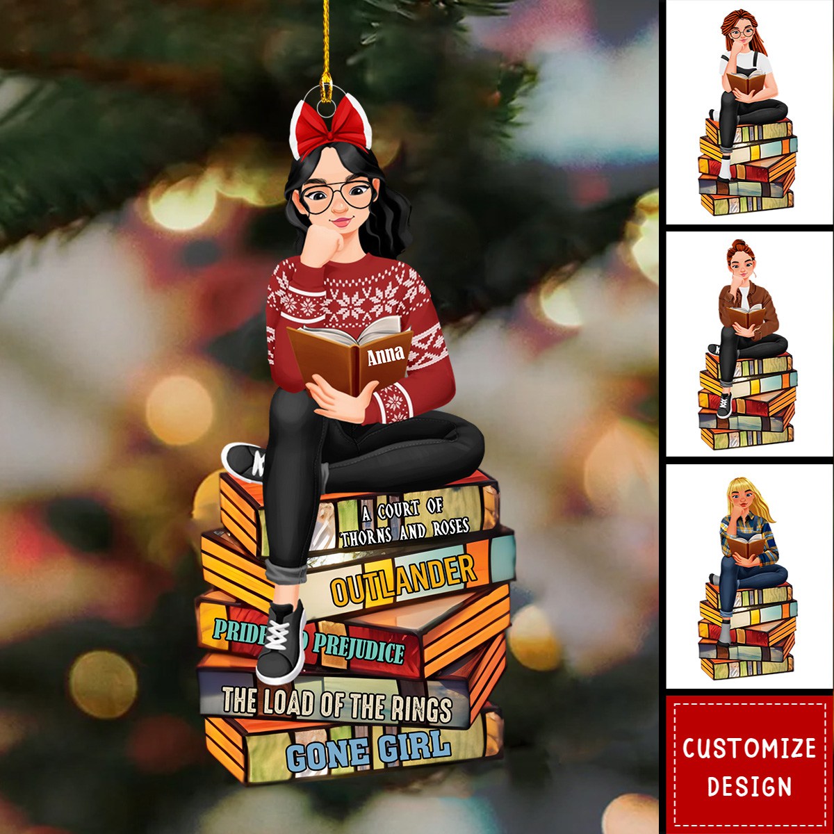Girl Sitting On Stack Of Books Reading-Personalized Acrylic Ornament-Gift For Book Lovers-New Release