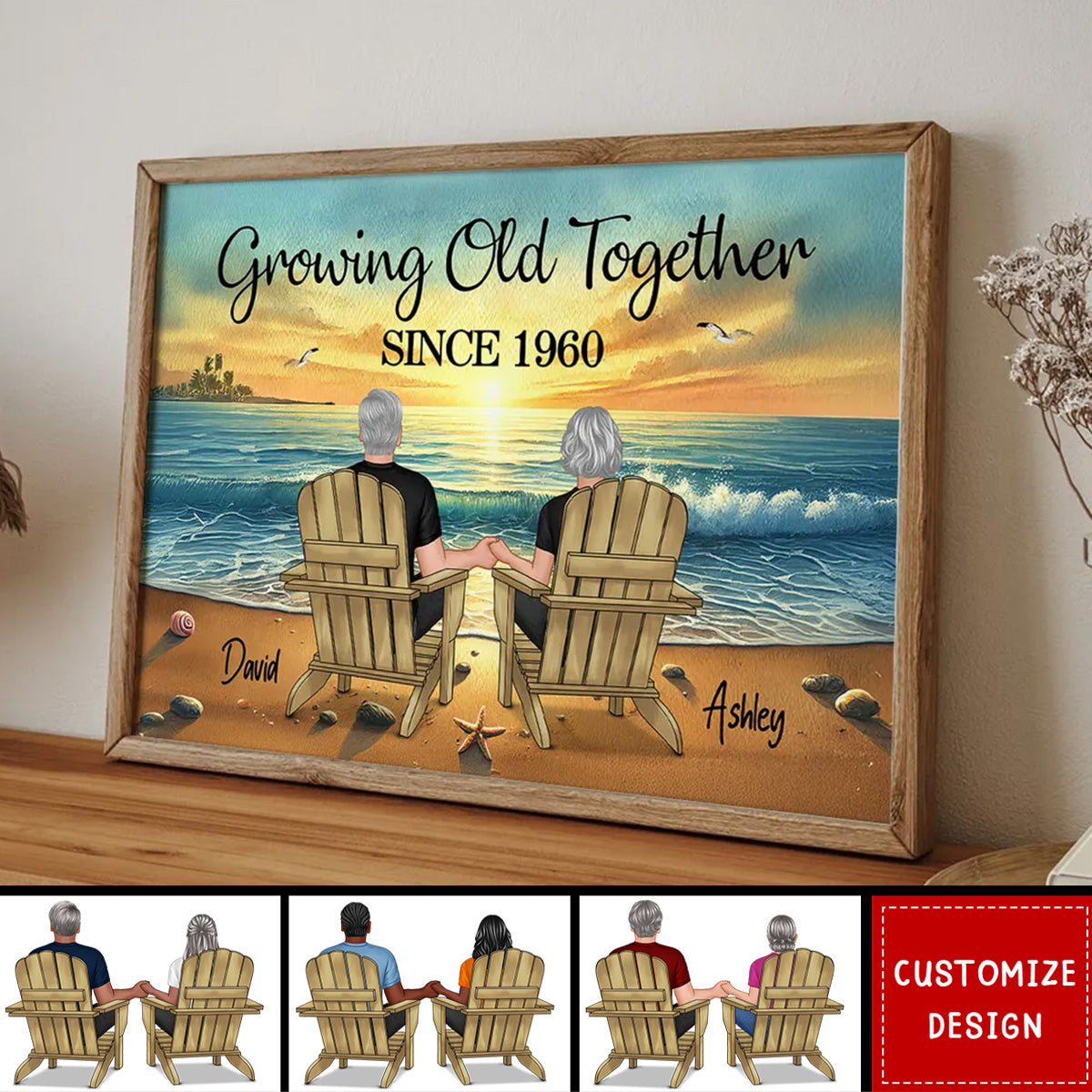 Couple Sitting Together Sunset Beach Landscape Personalized Poster-Gift For Couple