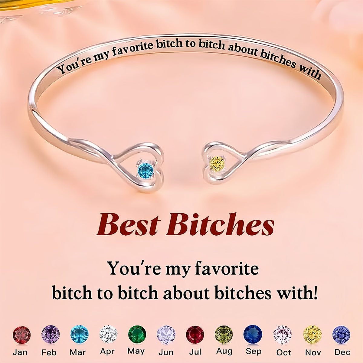 For Friend - You're My Favorite B*tch Double Hearts Custom Birthstones Bracelet