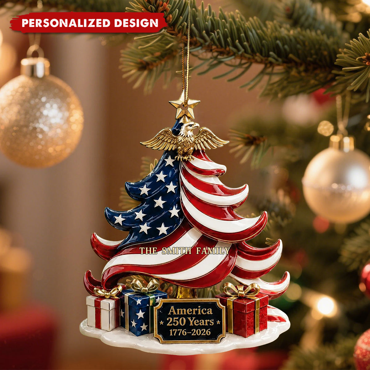 America 250 Years Ornament, Patriotic Christmas Ornament, USA Flag Tree Acrylic Ornament, 1776-2026 Keepsake, Fourth of July Gift