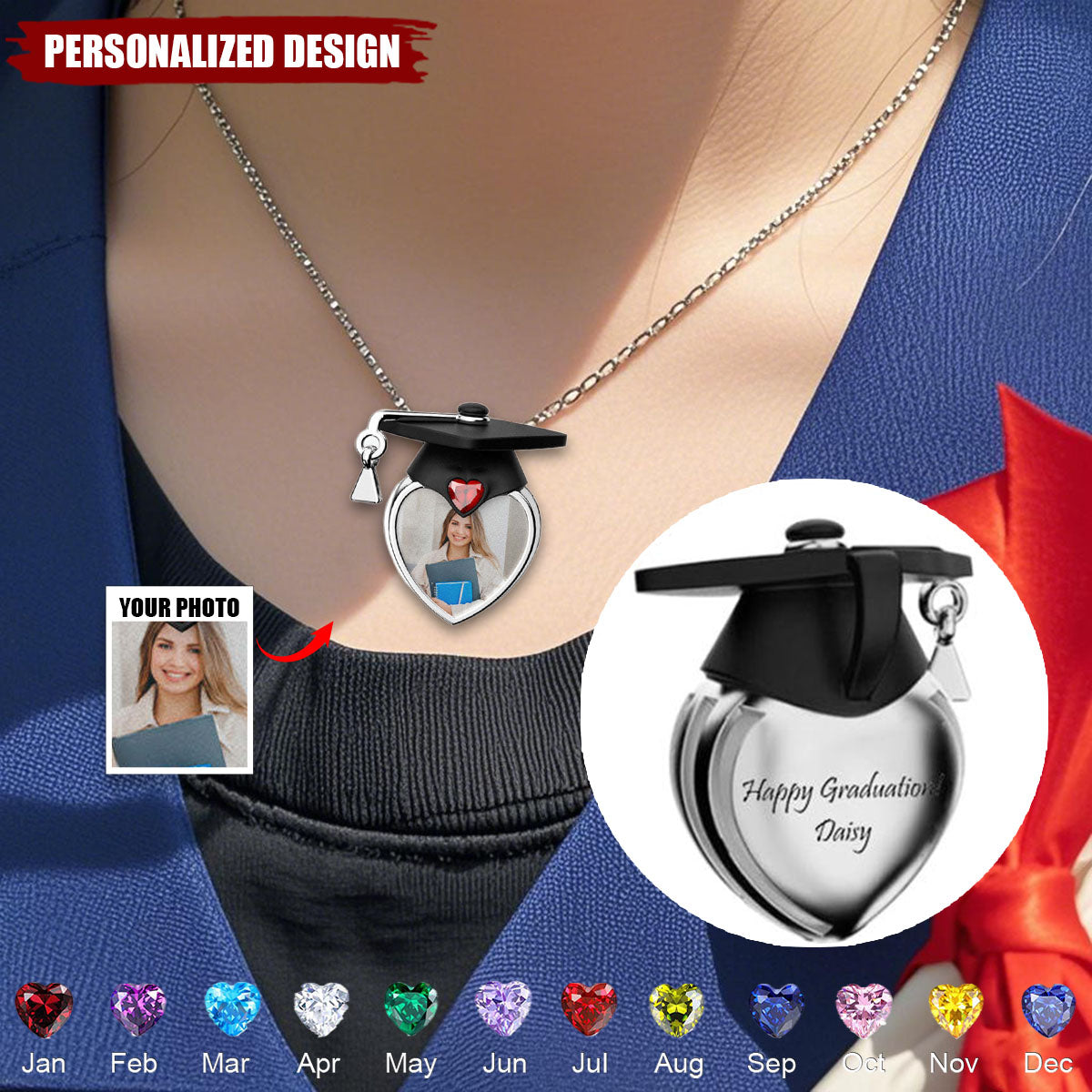 Personalized Dainty Grad Cap Zircon Heart Birthstone Necklace-Graduation Gift