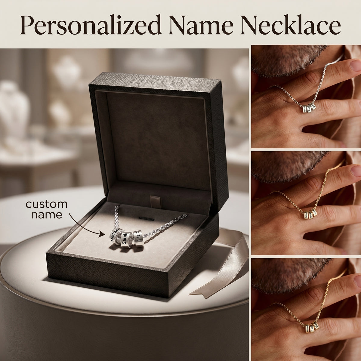 Personalized Family Name Printed Bead Necklace - Gift For Dad Husband